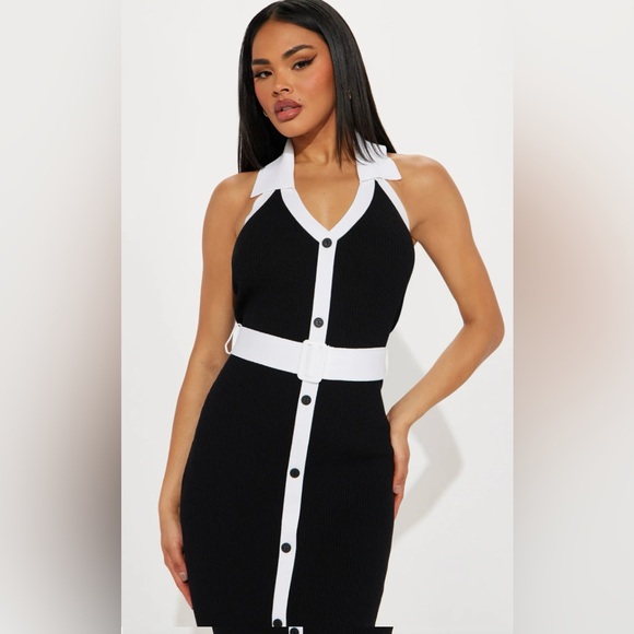 Fashion Nova Charlotte Sweater Black and White Buttoned Dress - Picture 2 of 10